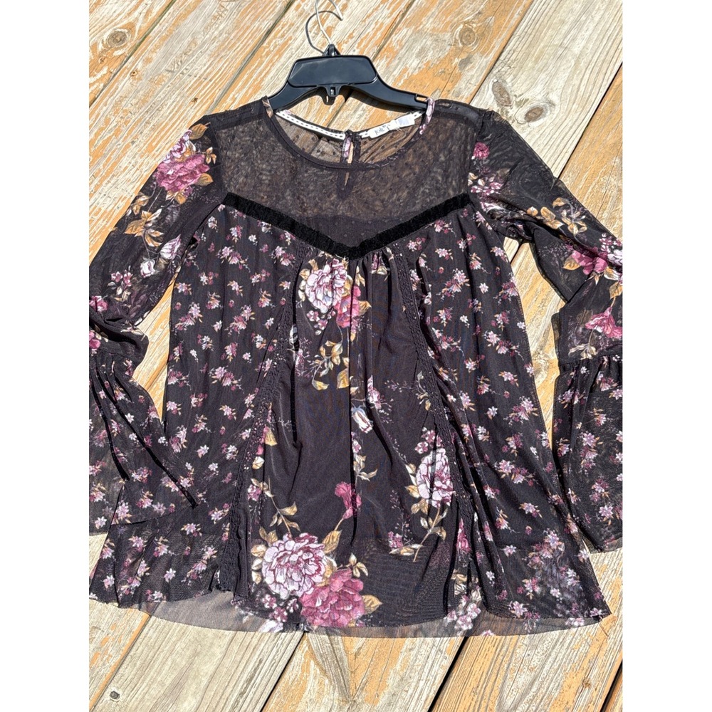 Jolt Womens Floral Mesh Bell Sleeve Blouse Black Sheer Lace Yoke Top J67954HA S